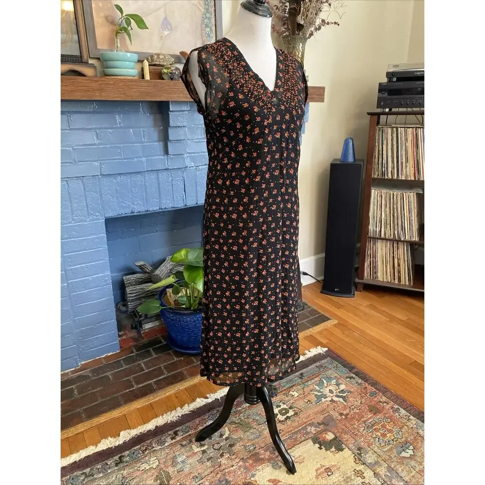 VTG 90s Y2k April Cornell S Rayon Floral Prairie Babydoll Slip Dress Sheer Beads - Picture 5 of 16